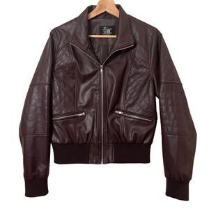 Plum Purple Faux Leather Jacket Zip Front Biker Jacket Crop Quilted Detail